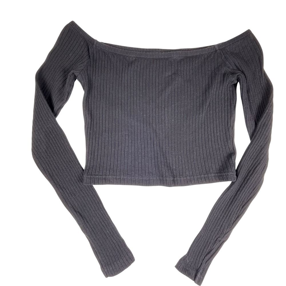 H&M Divided Top Women M Black Ribbed Off Shoulder Long Sleeve Crop Top - Picture 2 of 8